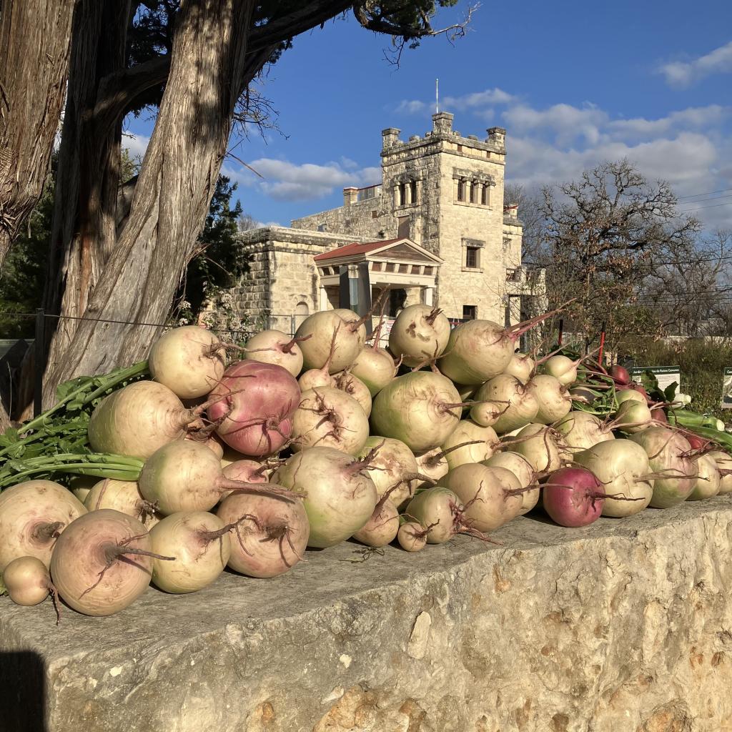 historic building with vegetables displayed in front