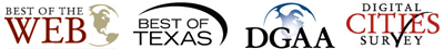 Image of four gold-standard IT industry awards logos: Best of the Web, Best of Texas, DGAA, and Digital Cities Survey