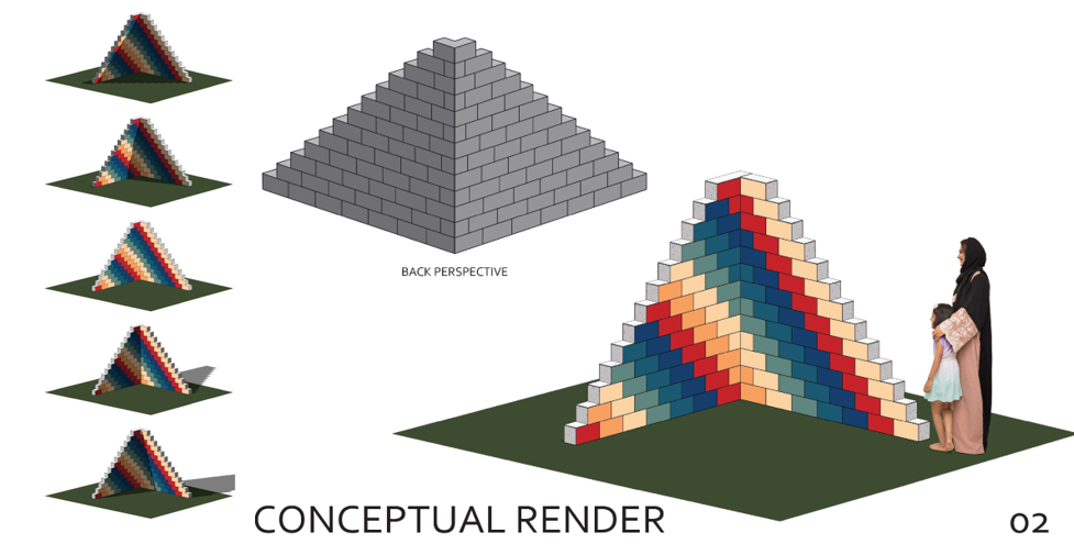 Rendering shows a Mesoamerican sculpture shaped like an ancient pyramid. 
