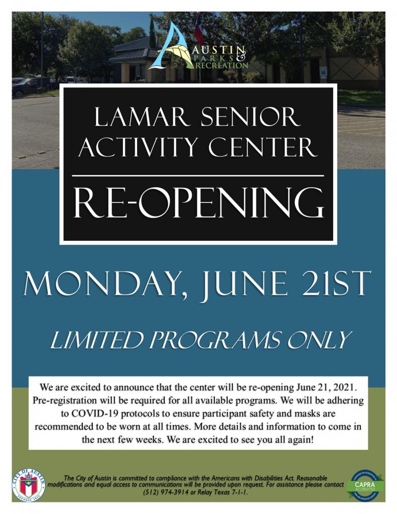 Lamar Senior Activity Center re-opening flyer