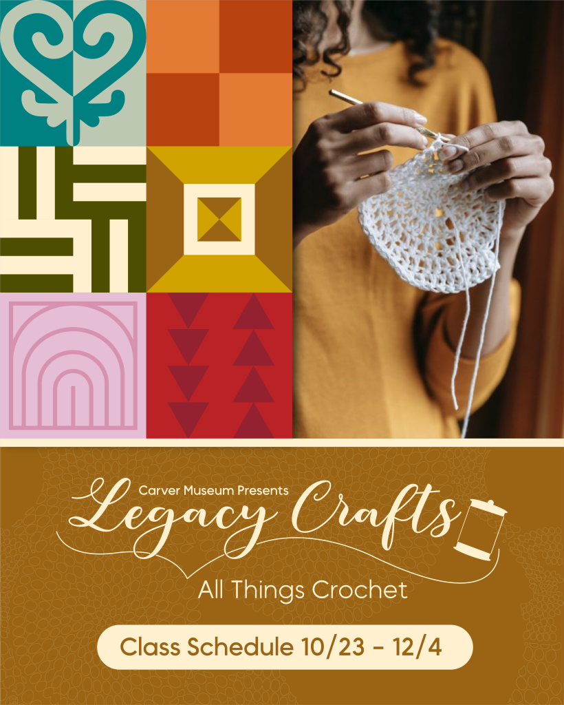 graphic of hands crocheting and colorful quilt graphic icons