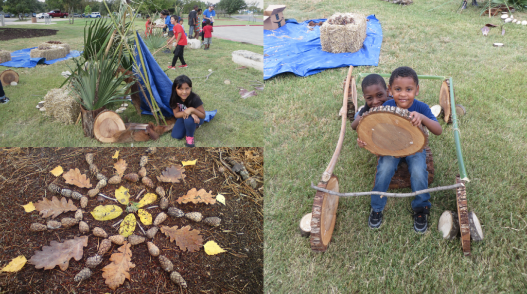 A collage of three photos. The top left phot shows a hild kneeling next to a tee-pee made from various nature play items. The bottom left photo shows a mandala on the ground made from leaves and pinecones. The right photo shows two children "driving" a car made out of nature play items.