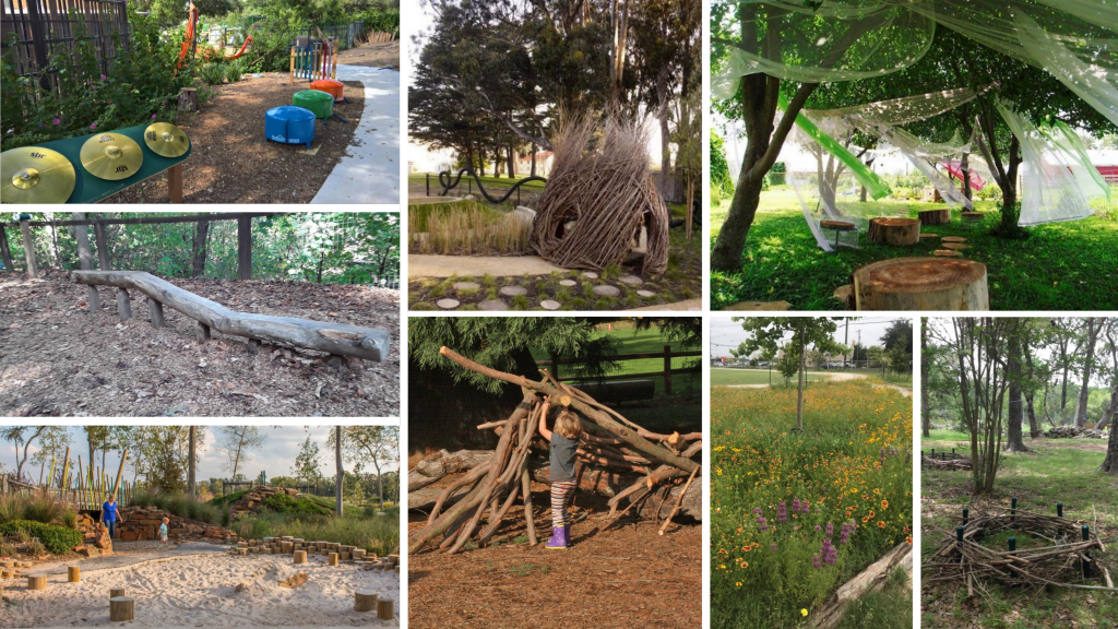 Top ranked features, displaying children's favorites on the left (music, balance log, sand), adult's favorites on the right (quiet space, dramatic play, native plants), and cross-over favorites of both children and adults (hut, fort-building).