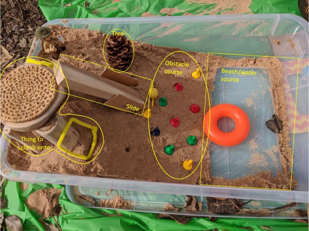 Park design built by a child, displaying top ranked features from this activity, which include things to climb, things to jump across, and trees.