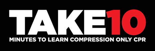 TAKE10 logo that reads TAKE10 minutes to learn compression-only CPR