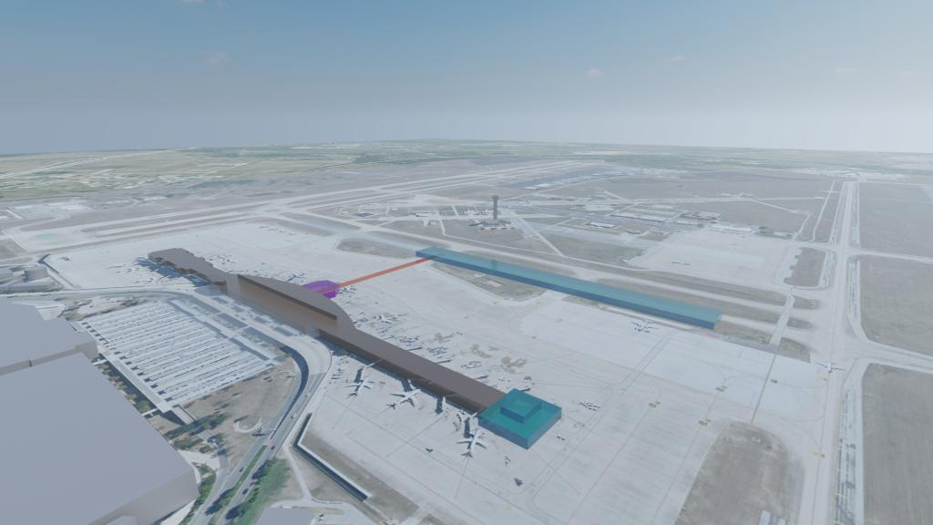 A map of AUS shows a long blue rectangle outline that depicts the approximate footprint and location of the new midfield concourse. It is south of the terminal and north of the FAA tower.