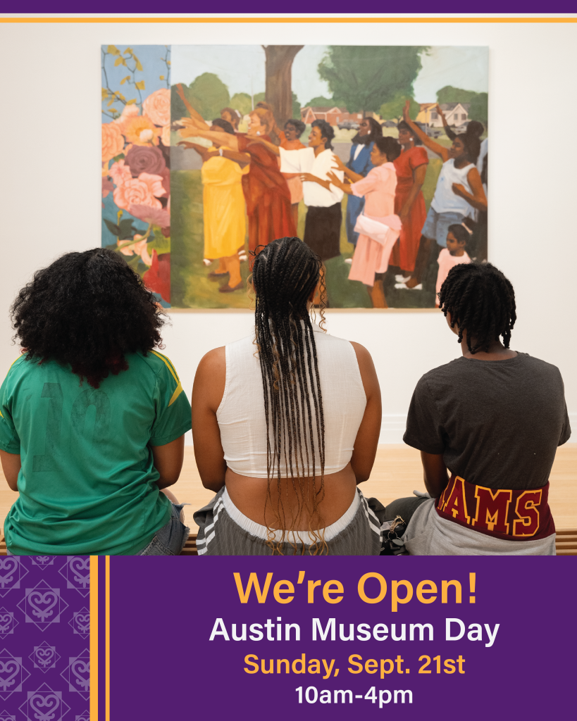 three people looking at painting of several people