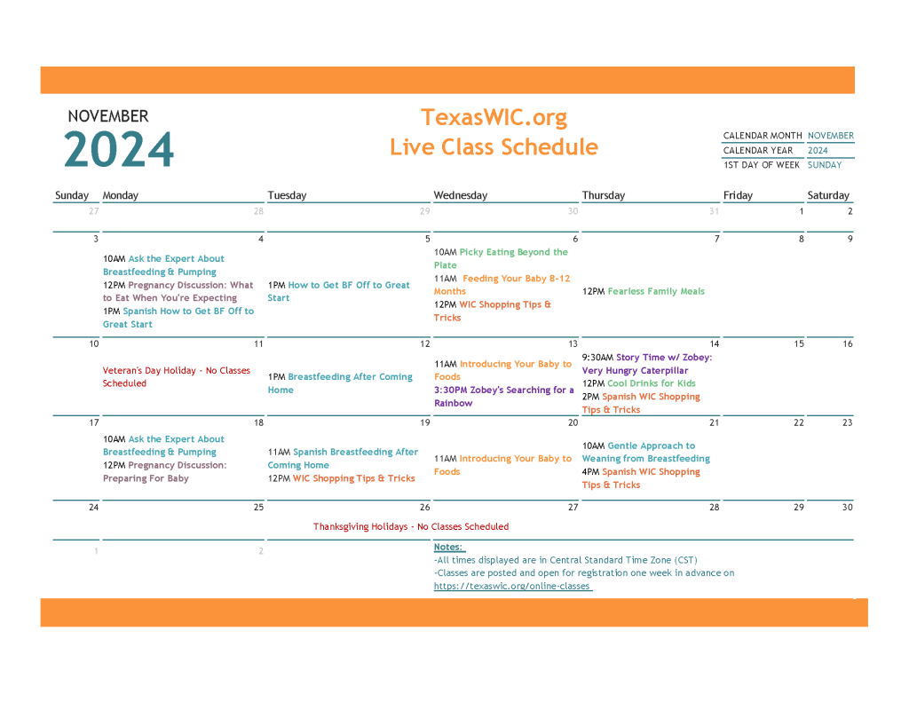 WIC Class Schedule