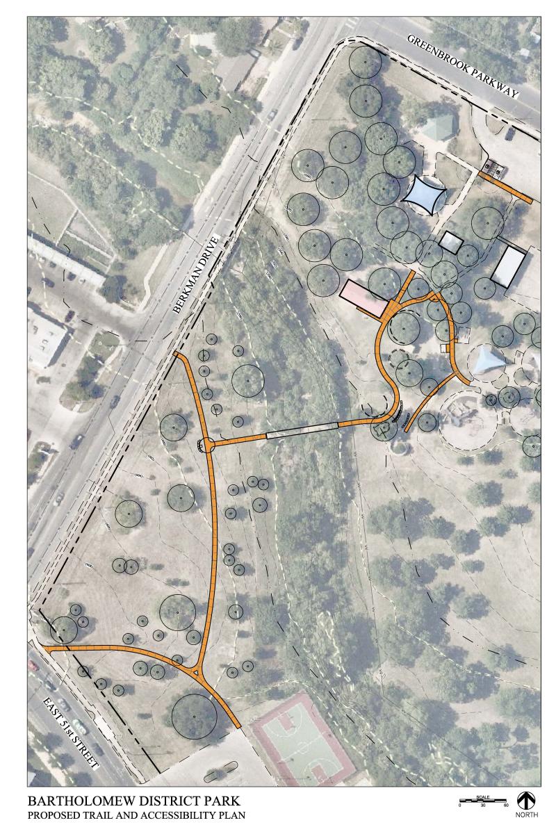 Concept Plan of intersection of E. 51st Street and Berkman Drive at the southwest corner of Bartholomew District Park. Lack of accessible connections and utility conflicts from the street right-of-way into the park.