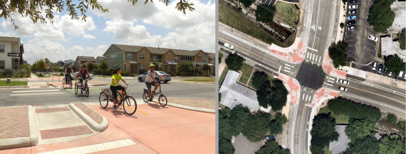 photo of people biking and aerial photo of a protected intersection