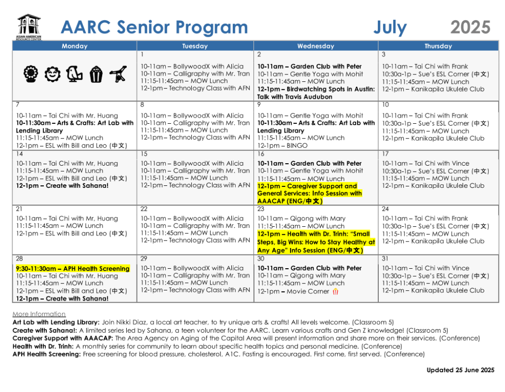 Calendar of AARC Senior Program Calendar