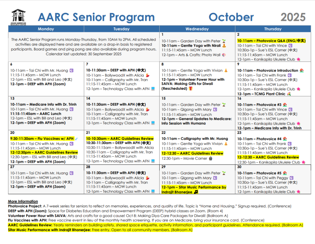 AARC Senior Program Calendar October