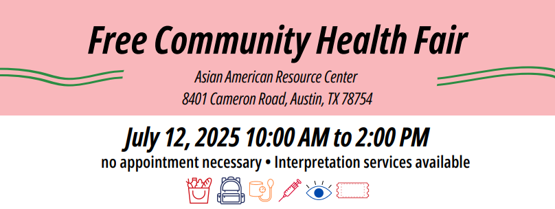 Pink and white graphic with words Free Community Health Fair. 