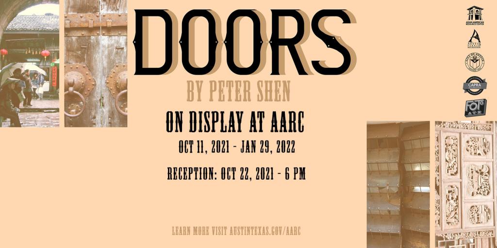 AARC exhibit banner with the word Doors in black text over a peach background and faded images of doors from the exhibit. 
