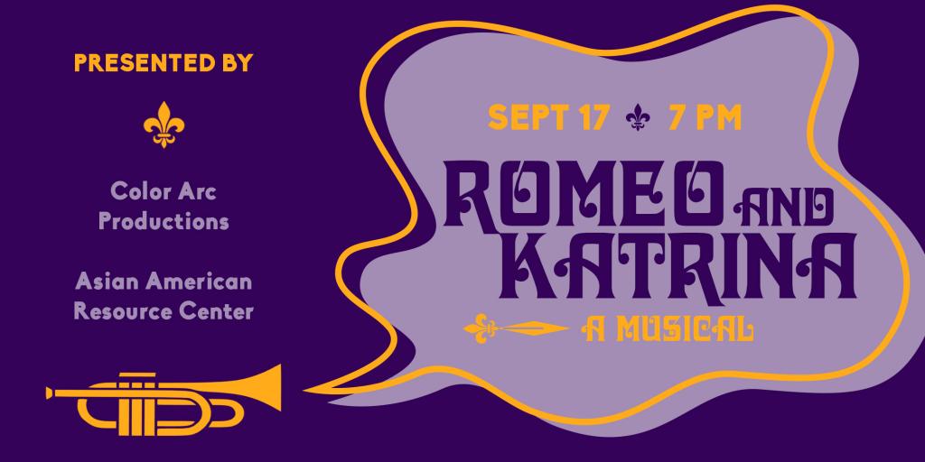 Image is a purple rectangle with a yellow saxophone and a blurb that says Romeo and Katrina a Musical