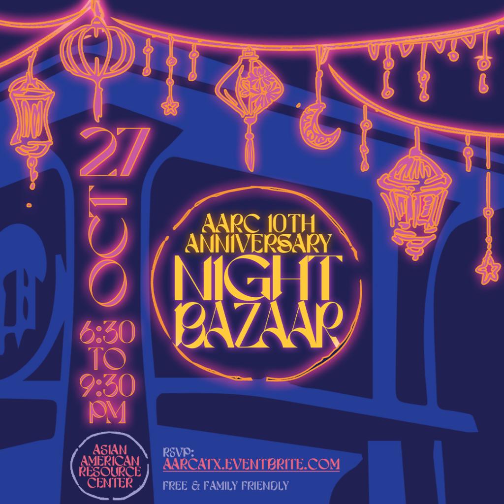 AARC moon window silhouette with night bazaar marketing text and glowing lanterns
