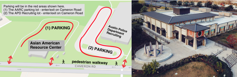 Graphic with a map of parking with areas outlined in red. Parking will be in the red areas shown here. 1) The AARC parking lot - enter/exit on Cameron Road 2) The APD Recruiting lot - enter/exit on Cameron Road. Picture of AARC building.