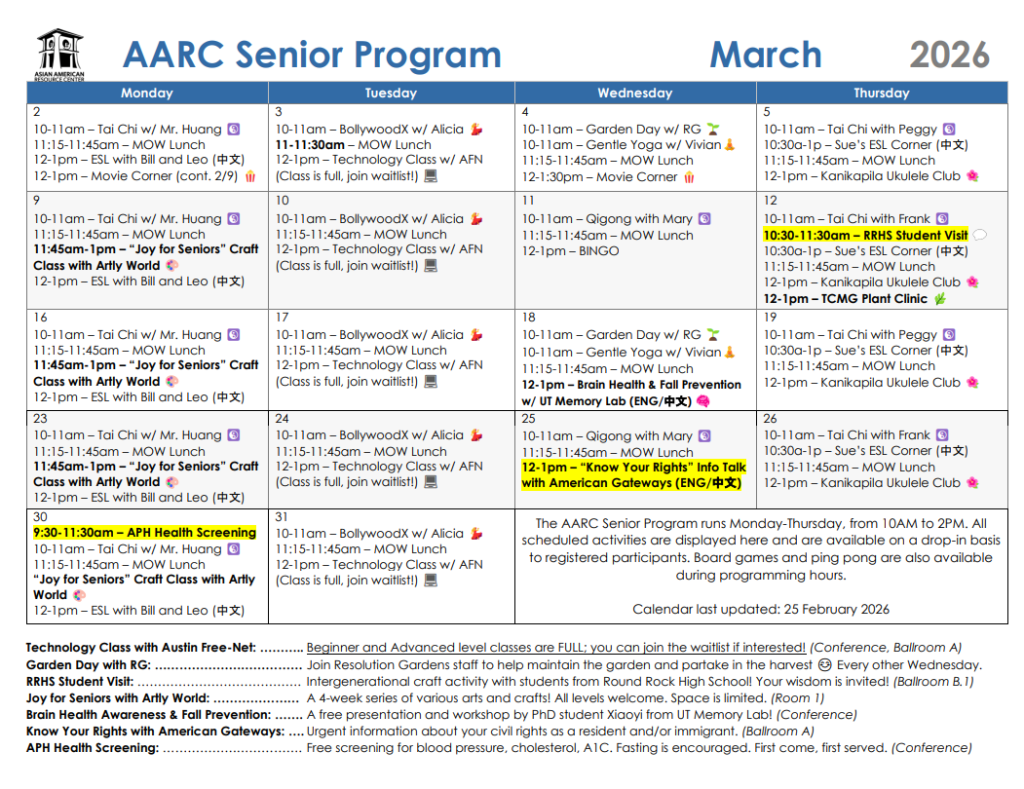 AARC Senior Program Calendar March 2026