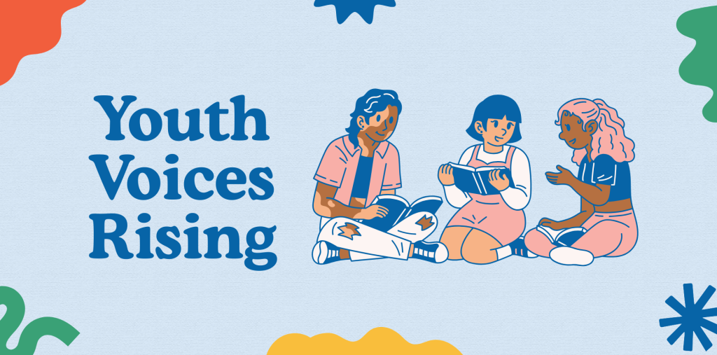 Youth Voices Rising. Three kids sit together reading and talking.