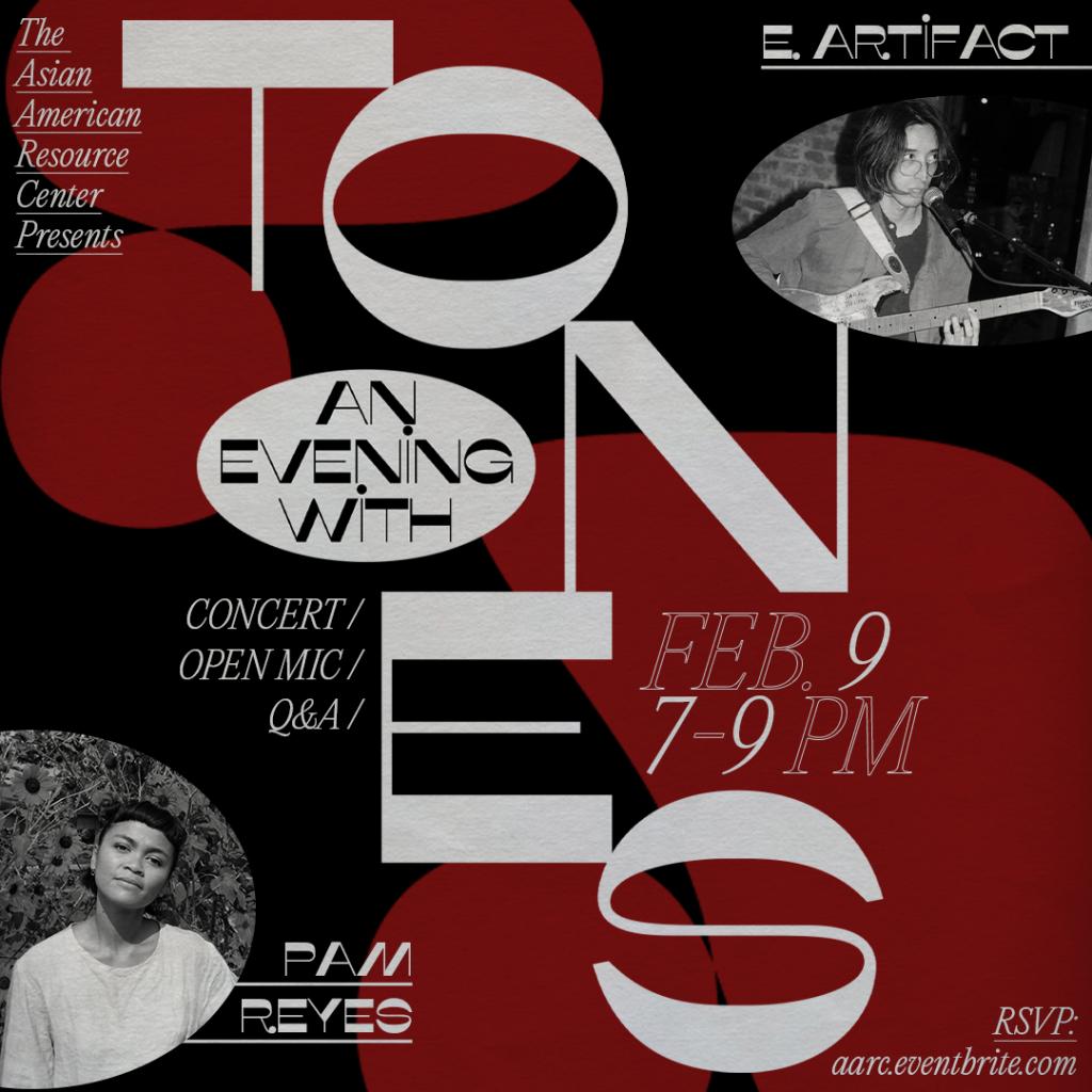 images of e. artifact and pam reyes on a flyer which reads an evening with tones