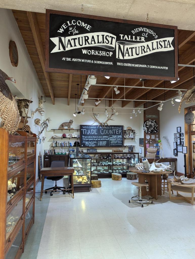 Welcome to the Naturalist Workshop, Trade Counter sign at entrance to room