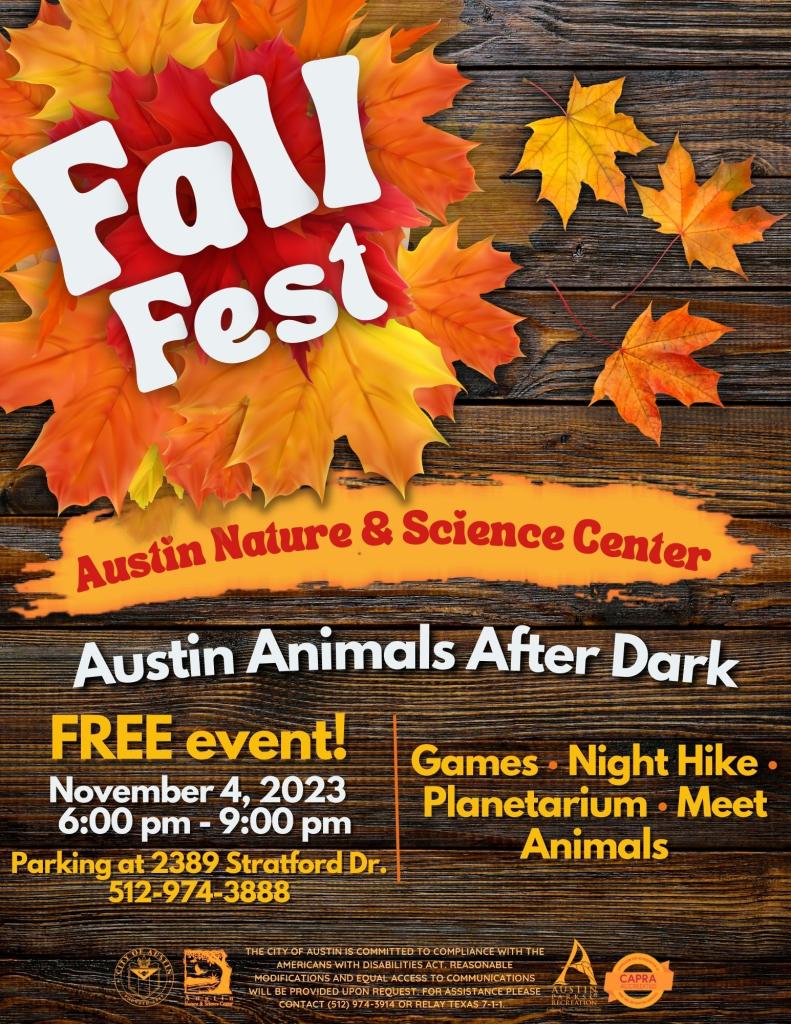 Fall Fest 2023: Free Event; Austin Animals after Dark; games, planetarium, meet animals