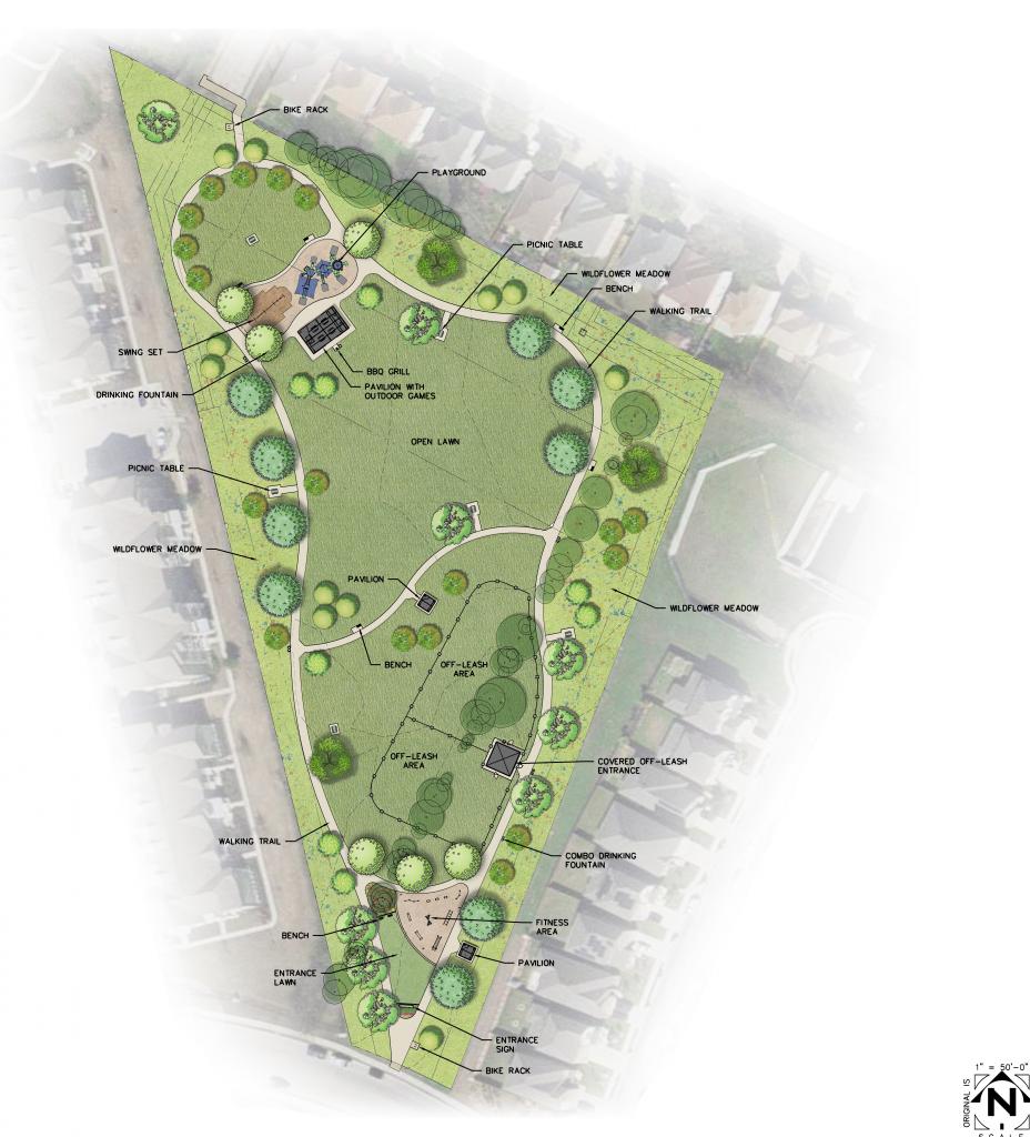 Oertli Park Proposed Concept Plan showing amenities such as pavilions, walking paths, fitness area, and playground