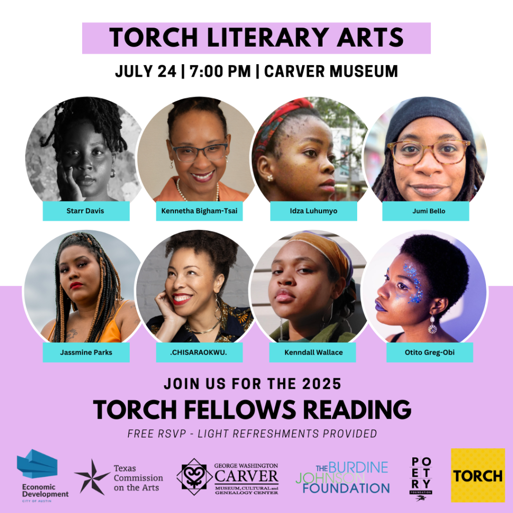 lilac and white graphic featuring photos of 8 writers who will be reading at the Carver on 7/24 at 7 pm