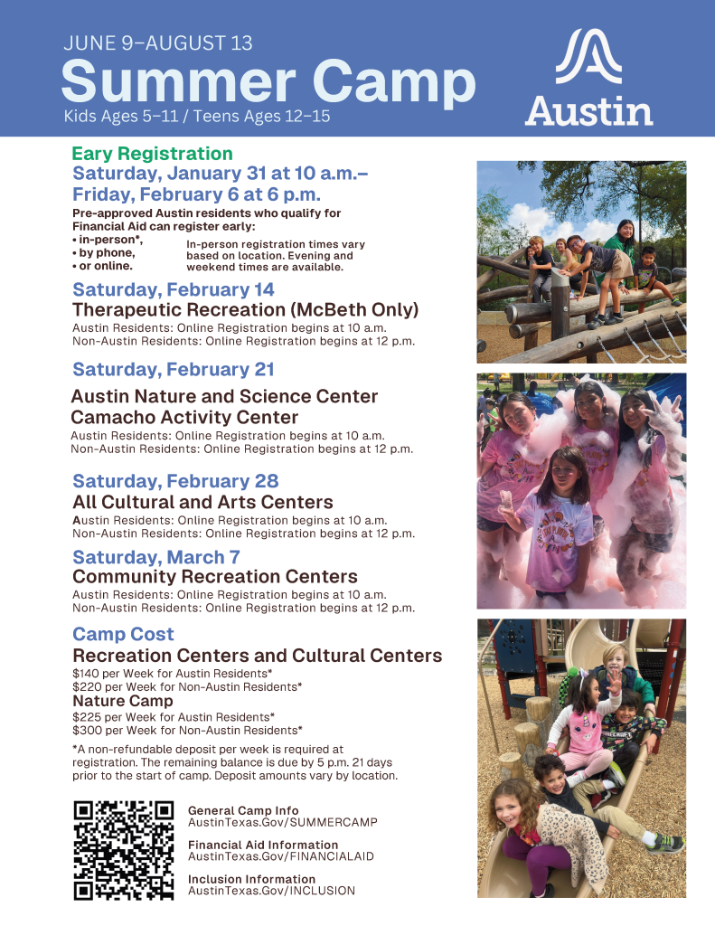 light blue and white flyer with text about summer camp and images of kids in camp