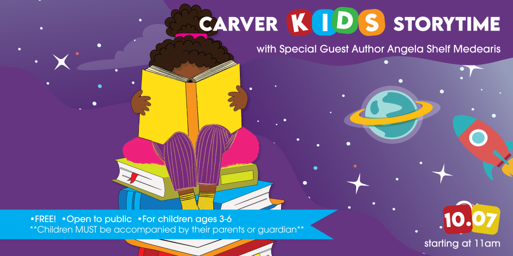 Purple Graphic of child reaching a book in outer space