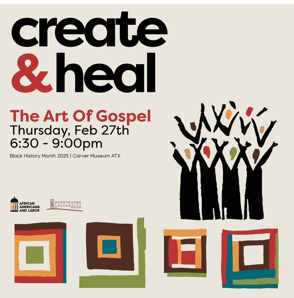 colorful graphic with group of gospel singers with their arms extended towards the sky