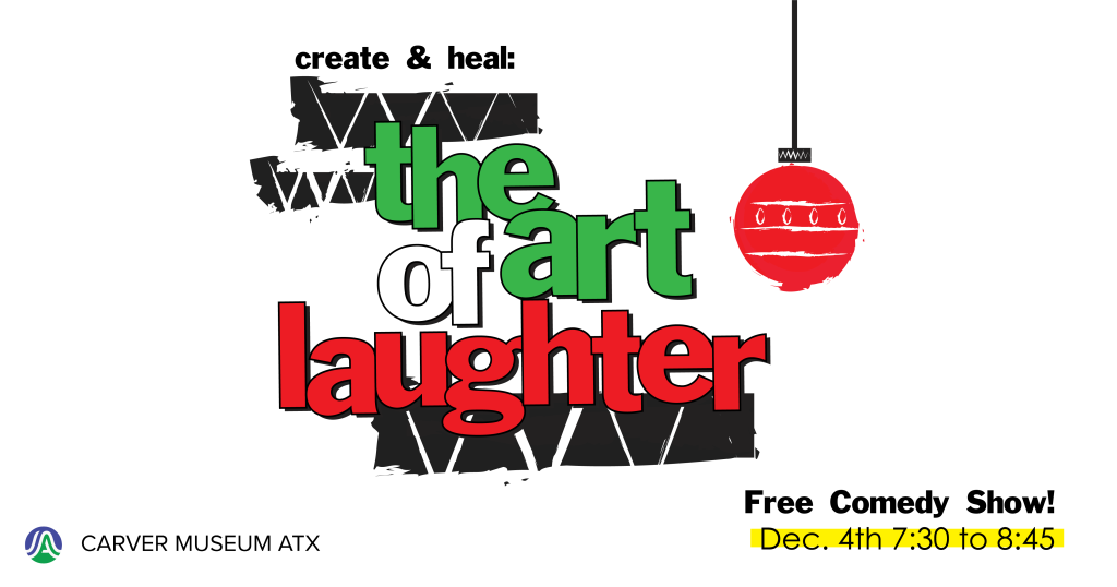 white, red, and black graphic with text reading "the art of laughter"