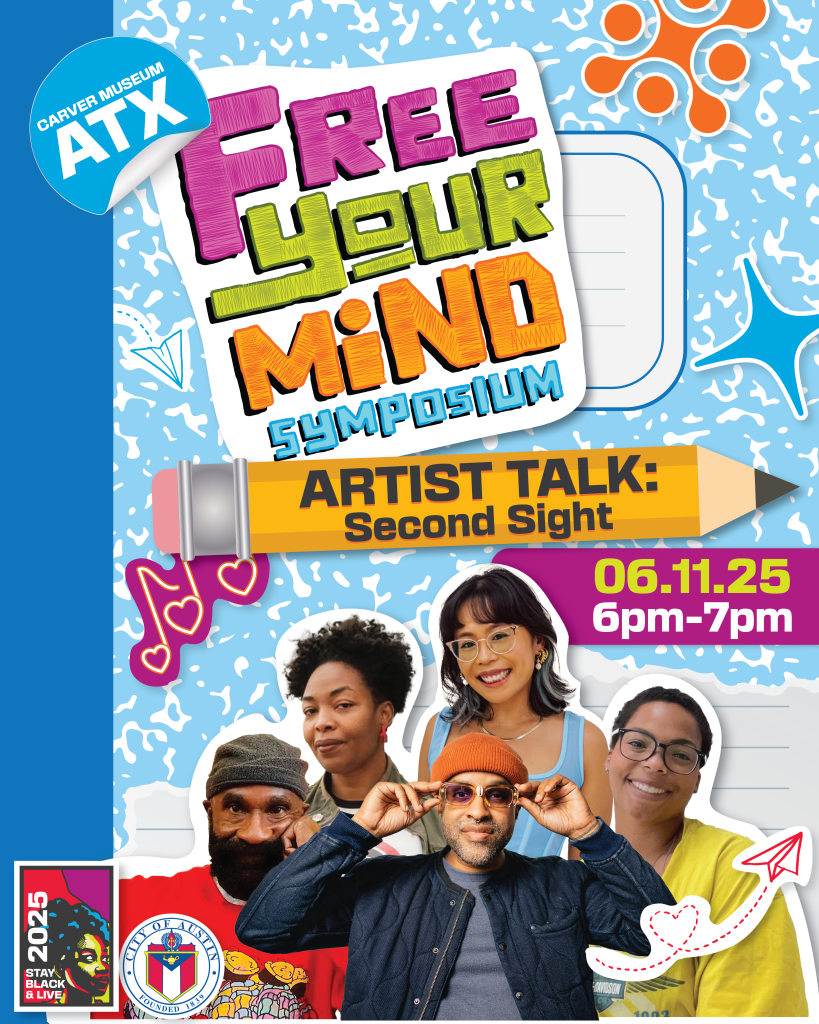 blue composition notebook graphic with 4 artist photos and text stating Artist Talk: Second Sight 6-7pm 