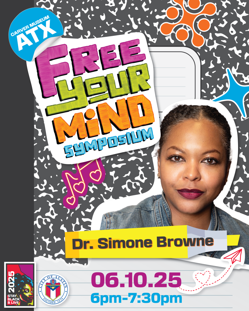 composition notebook graphic featuring Dr. Simone Brown and text reading: Free Your Mind Symposium Dr. Simone Browne 6.10.25 6-7:30 pm 