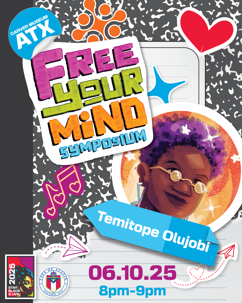 composition notebook, colorful graphic with artists, Temitope Olujobi with text reading Free your mind symposium 6.10.25 8-9pm