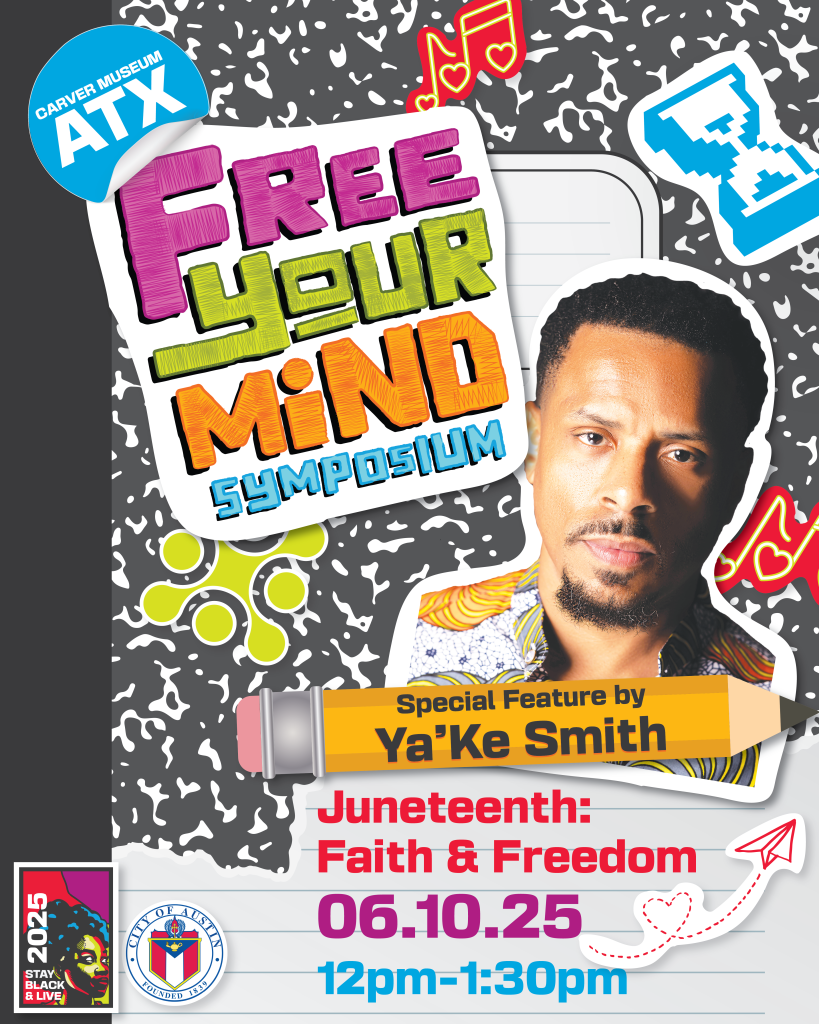 composition notebook colorful graphic with film maker Ya'Ke Smith and Text reading: Juneteenth: Faith & Freedom 6/10/25 12-1:30 pm