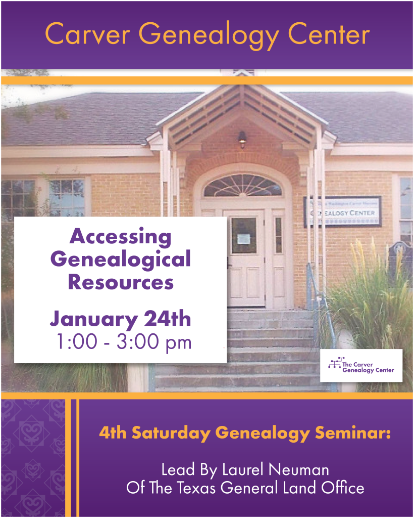 purple graphic with image of the george washington carver genealogy center in austin, tx