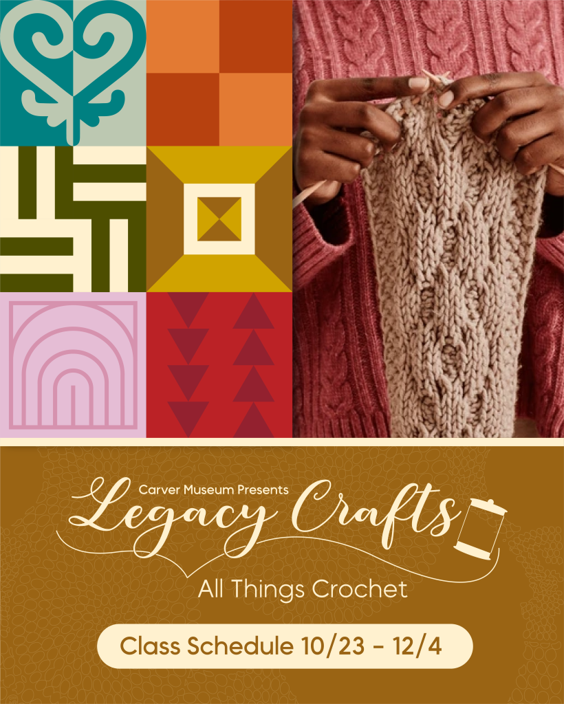 graphic of hands crocheting and colorful quilt graphic icons