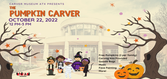 Multicultural children in Halloween costumes with jack-o-lanterns in front of the Carver Museum