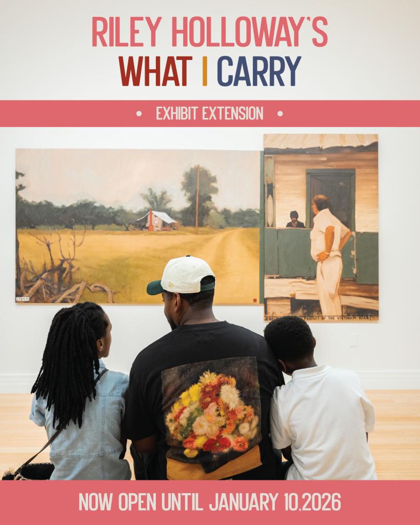 graphic of artist riley holloway sitting with his two children in front of one of his paintings at the carver museum.