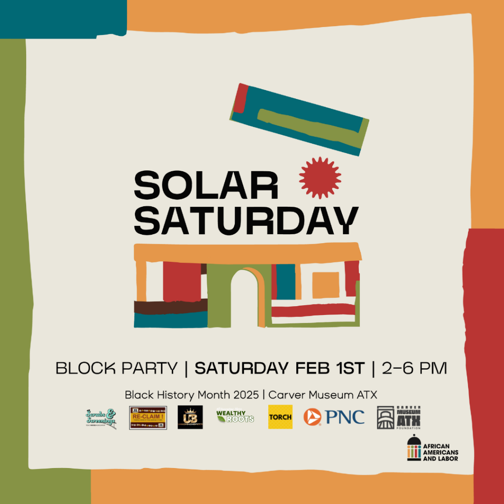 colorful graphic with image of building with the roof popped off and a sun, text reading: Solar Saturday Block Party Saturday, Feb 1 2-6 pm
