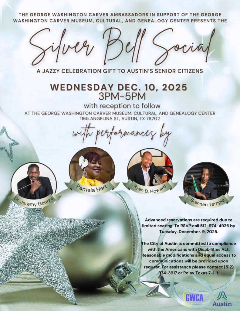 Silver graphic with ornaments and photos of musicians, Dr. Jeremy George, Pamela Hart, Ryan D. Howard, and Brannen Temple