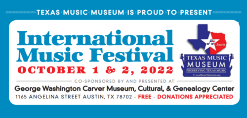 Blue banner with text about Texas Music Museum International Music Festival information