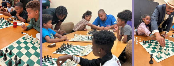 three photos of youth playing chess