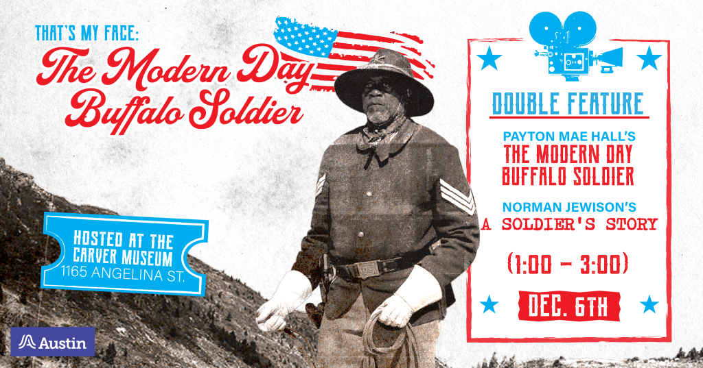 Red white and blue graphic featuring Buffalo soldier Sgt. Horace P. Williams