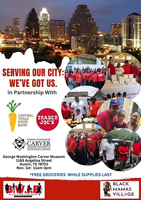 austin skyline and photo bubbles of community events hosted by Black Women in Business