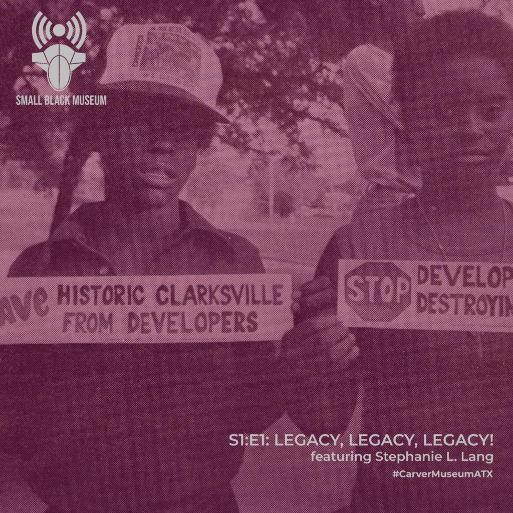 purple graphic of two young, Black Austin activists holding signs with newspaper texture over the image 