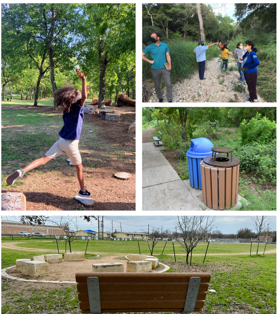 Three images of CAPPs. Image one shows a collage of a renderings of a park. Image two shows a soccer pitch. Image three is of two boys playing on logs.