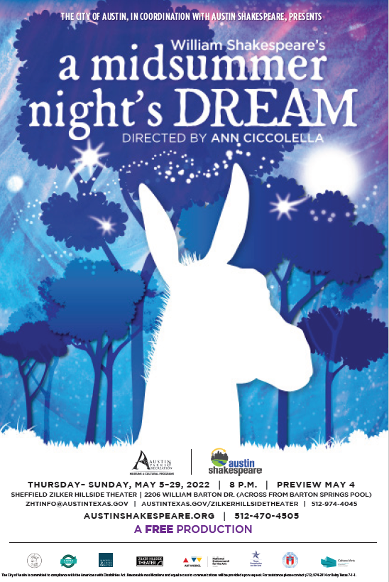 Austin Shakespeare presents A Midsummer Night's Dream, May 5-29, 2022 Thursdays through Sundays at 8pm. Free. Image of a donkey sillouette against a purple and pink night sky.