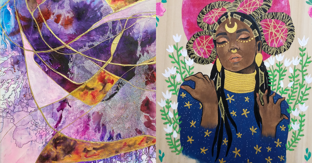A banner image made up of two images one by artist Meena Matai and one by artist Camille Lema